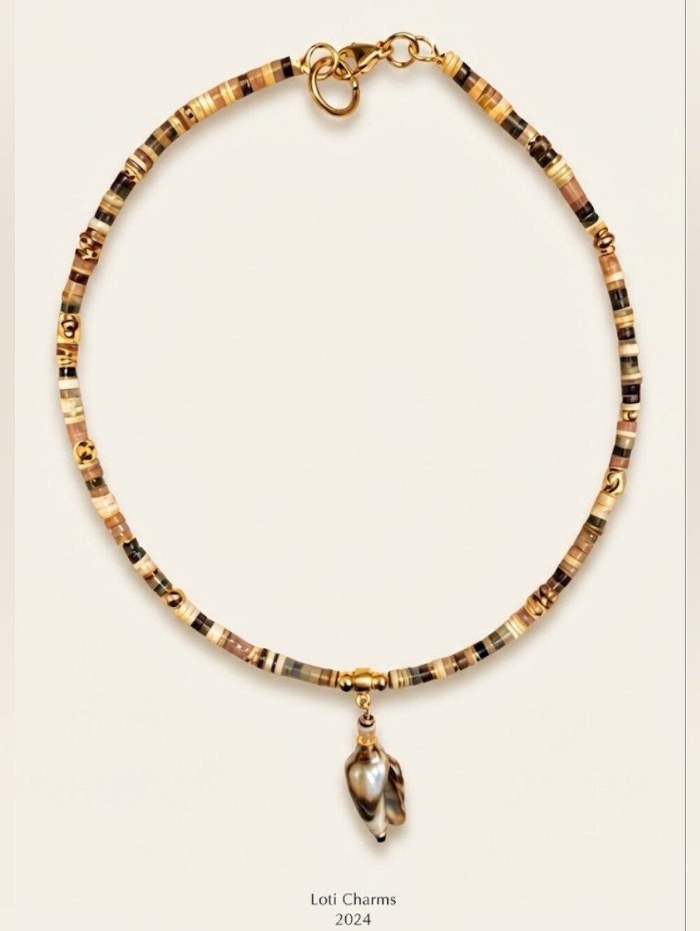 Beach Necklace Made W/ Agate, Pink Opal & Natural Sea Shell Pendant In GP